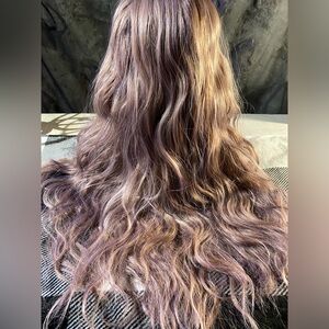 Beautiful dusty pink curled synthetic wig